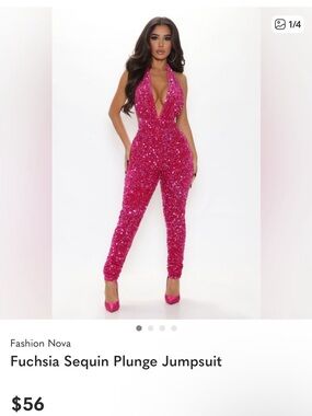 Fashion Nova Hot Pink Sequin Plunge Jumpsuit